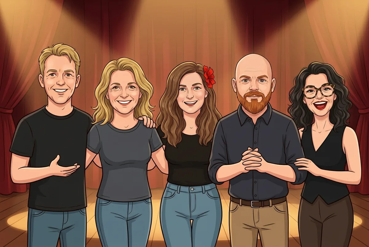 Cartoontekening van de vijf leden van IETS samen op het podium