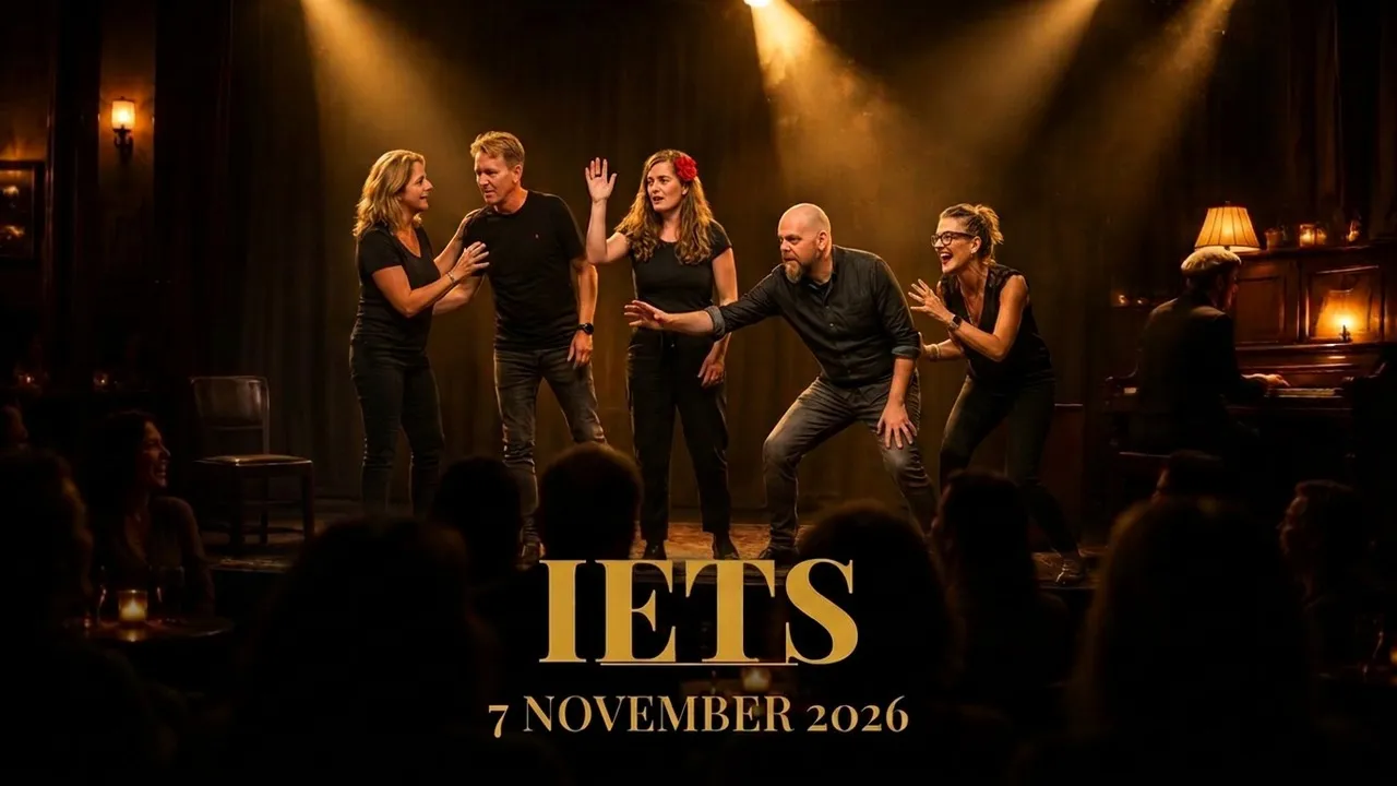 Sfeerbeeld van de voorstelling van 7 november: spelers op een intiem podium in gouden licht, met pianist en publiek